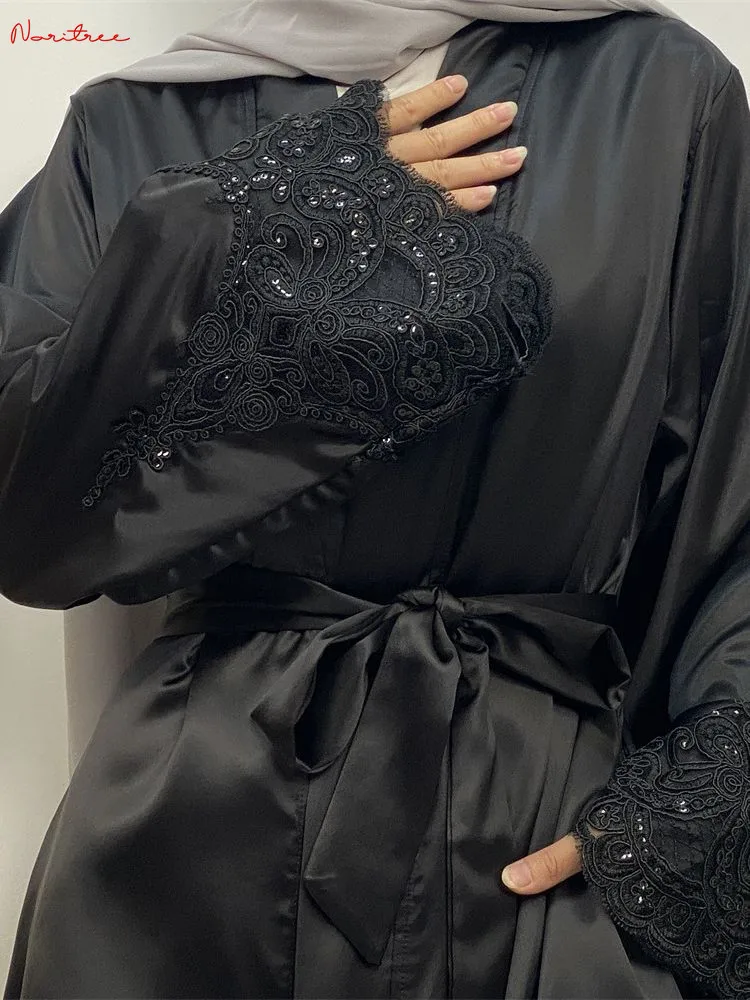 Mais recente renda bordado quimono muçulmano robe abaya syari feminino comprimento total muçulmano abaya serviço de adoração abayas com cinto wy1920