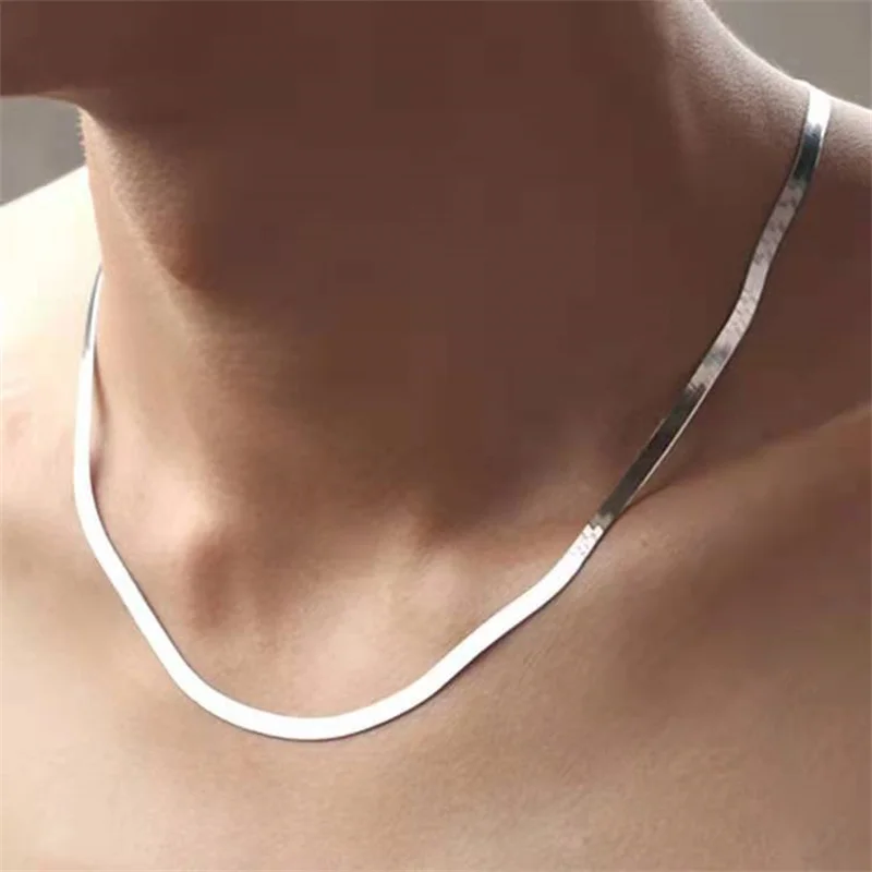 Pure 925 Sterling Silver 4MM Width Blade Chain Necklace Smooth Unisex Couple Lover Clavicle Collar Women Men Jewelry