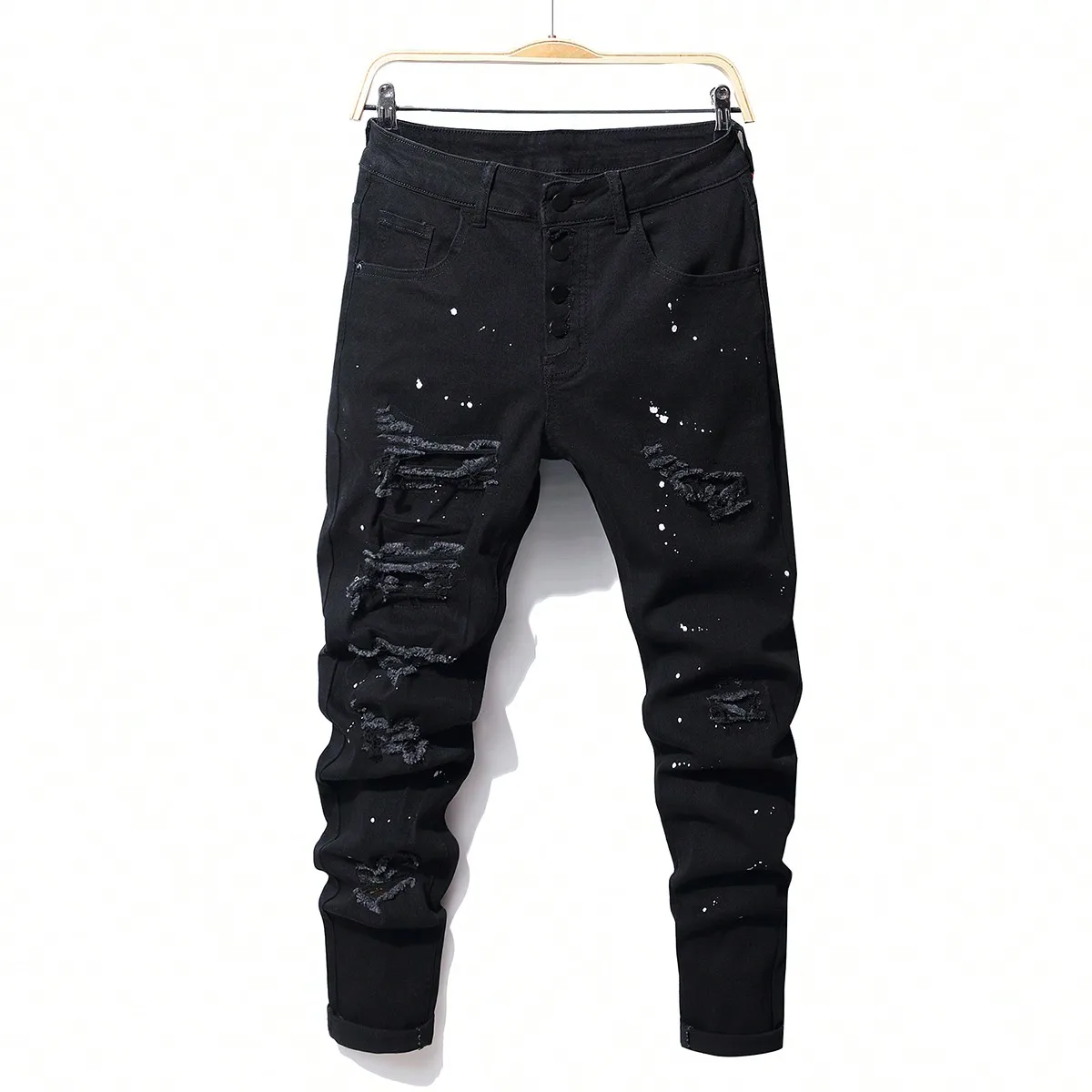 

Stretchy Ripped Denim Jeans for man Slim Fit Straight Trousers Elastic Waist Patchwork Holes Tearing Streetwear Casual Pants