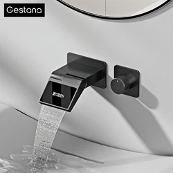 Gun gray brass luxury bathroom faucet with wall mounted design, dual hole hot and cold water LED digital display basin MIxer