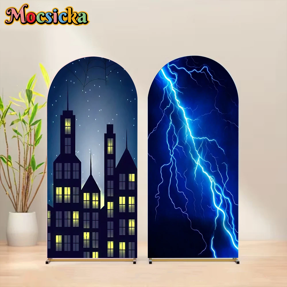 Mocsicka Arch Night Starry Sky City Building Photography Backdrop Lightning Urban Photo Background Boys Birthday Halloween Decor