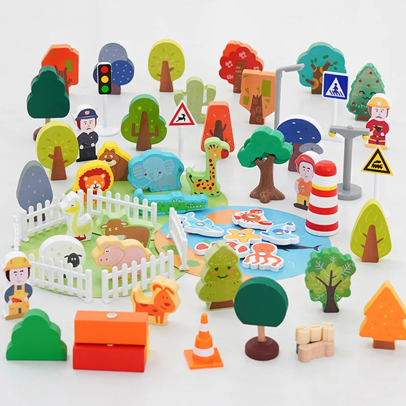 Brinquedos de Trem de Madeira, Acessórios para Trilhos de Trem de Madeira, Sinais de Trânsito, Árvores, Animais, Casas, Cargas, Brinquedos de Cenário Orbital para Crianças