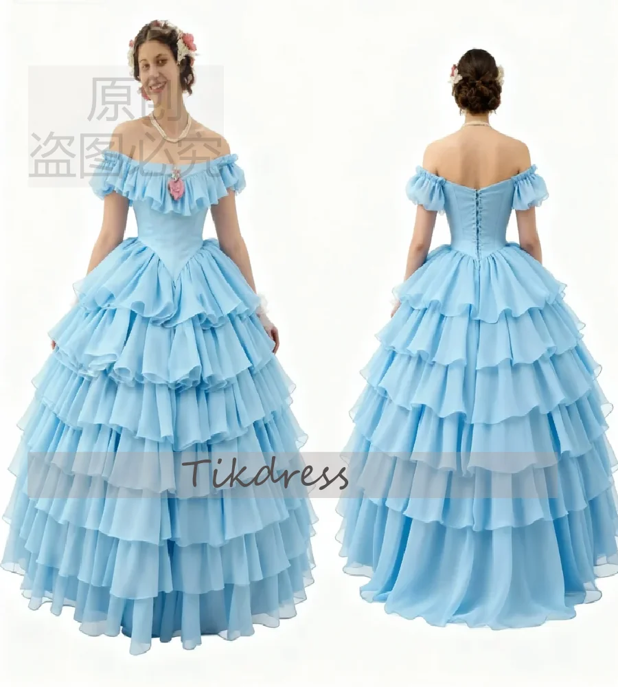 

Historical Blue Victorian Evening Dress Tiered Chiffon Bustle Medieval Prom Dress 2026 Vintage 1800s Ceremony Stage Costume Gown