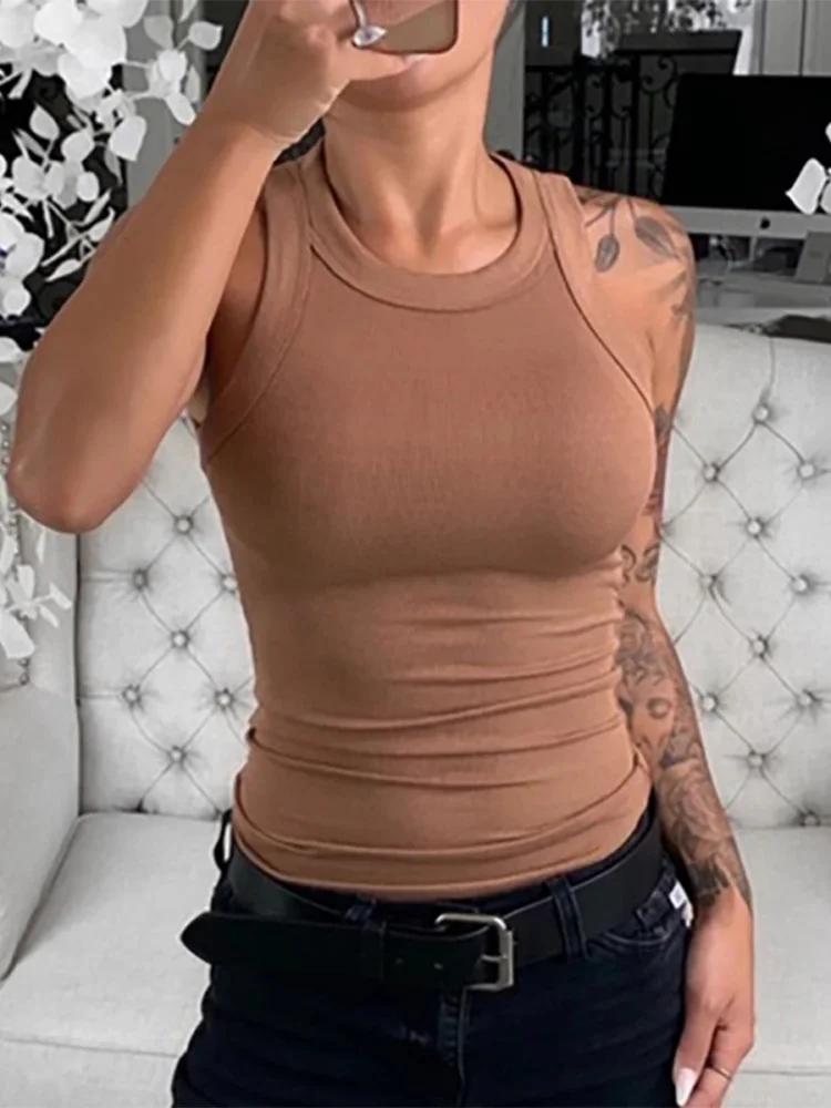 

Women Solid Round Neck Ribbed Tank Top Camisole Women Summer Basic Elastic Tank Top O Neck Solid Tank Top