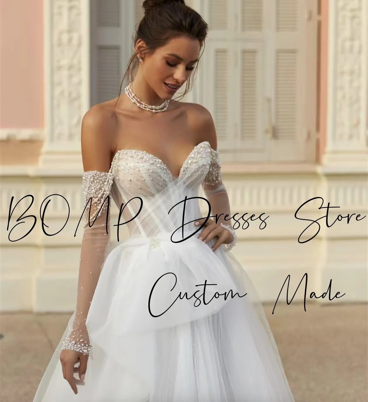 BOMP Luxury Pearls Wedding Dress Off Shoulder Pleat A-Line Sweep Train Ivory Tulle Bridal Gown Customized Elegant Robe de mariée