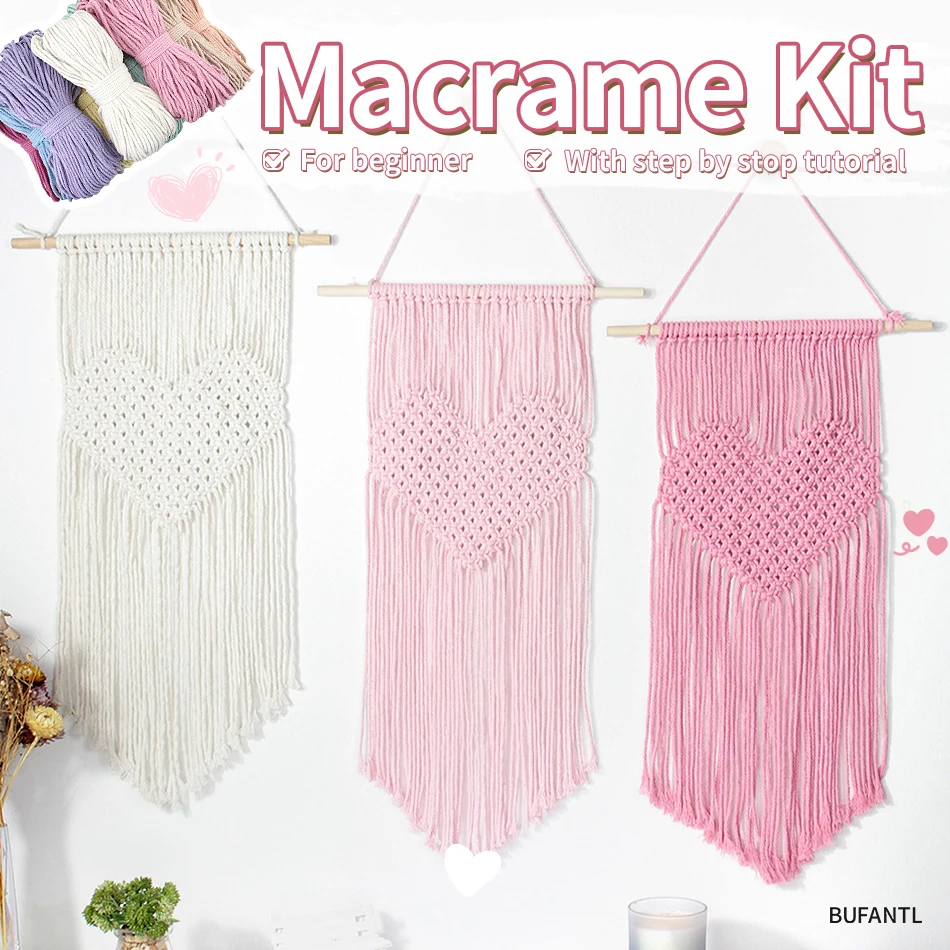 Handgefertigtes Liebes-Wandteppich-Strick-Makramee-Set mit Tutorial für Anfänger, DIY-Herz-Wandteppich für Heimdekoration, Wandbehang