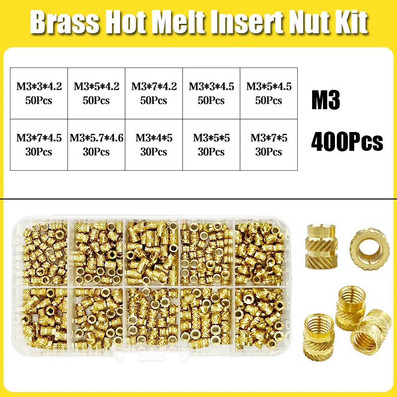 Messing inzetmoerset met schroefdraad M2 M2.5 M3 M4 M5 M6 M8 Hotmelt Heat Gekartelde inbedded injectie Koperen inzetmoer voor 3D-print kunststof