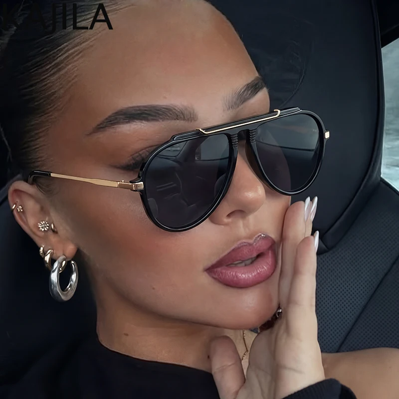 

2026 Oversized Flat Top Pilot Mask Sunglasses Women Vintage Shield Shades Luxury Designer Metal Frame Oval Trendy Sun Glasses