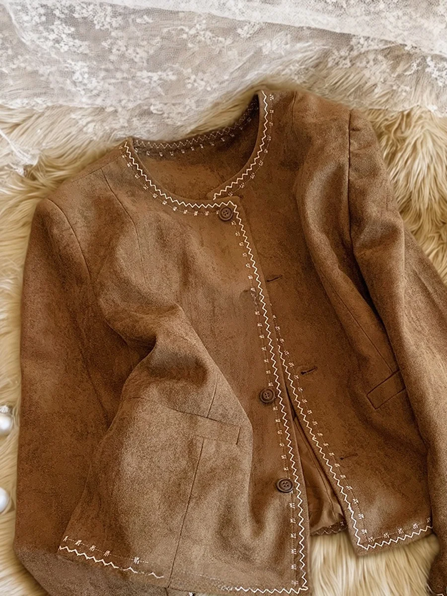 

American Retro Sle round Ne Suede Jaet Women's Casual Loose Fit Warmth Long Sve Button up Top for Spring Autumn