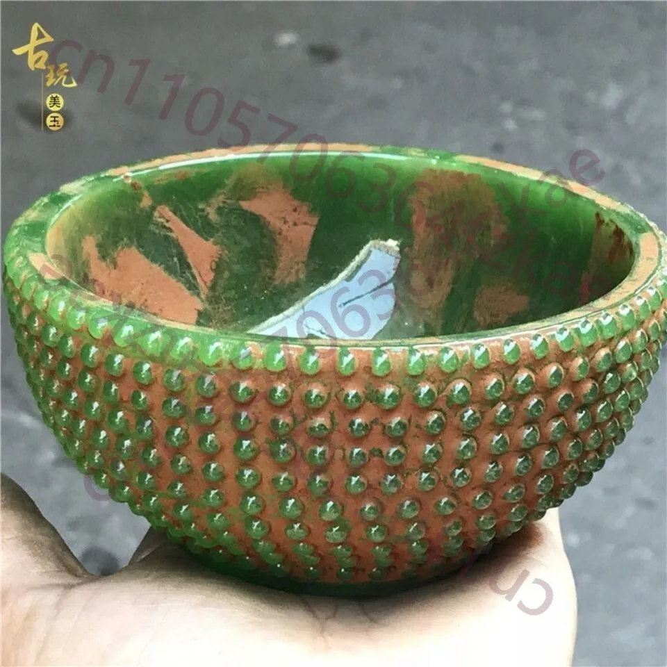 Artesanías antiguas de China, colección de cuencos verdes de jade, estatua tallada, adorno
