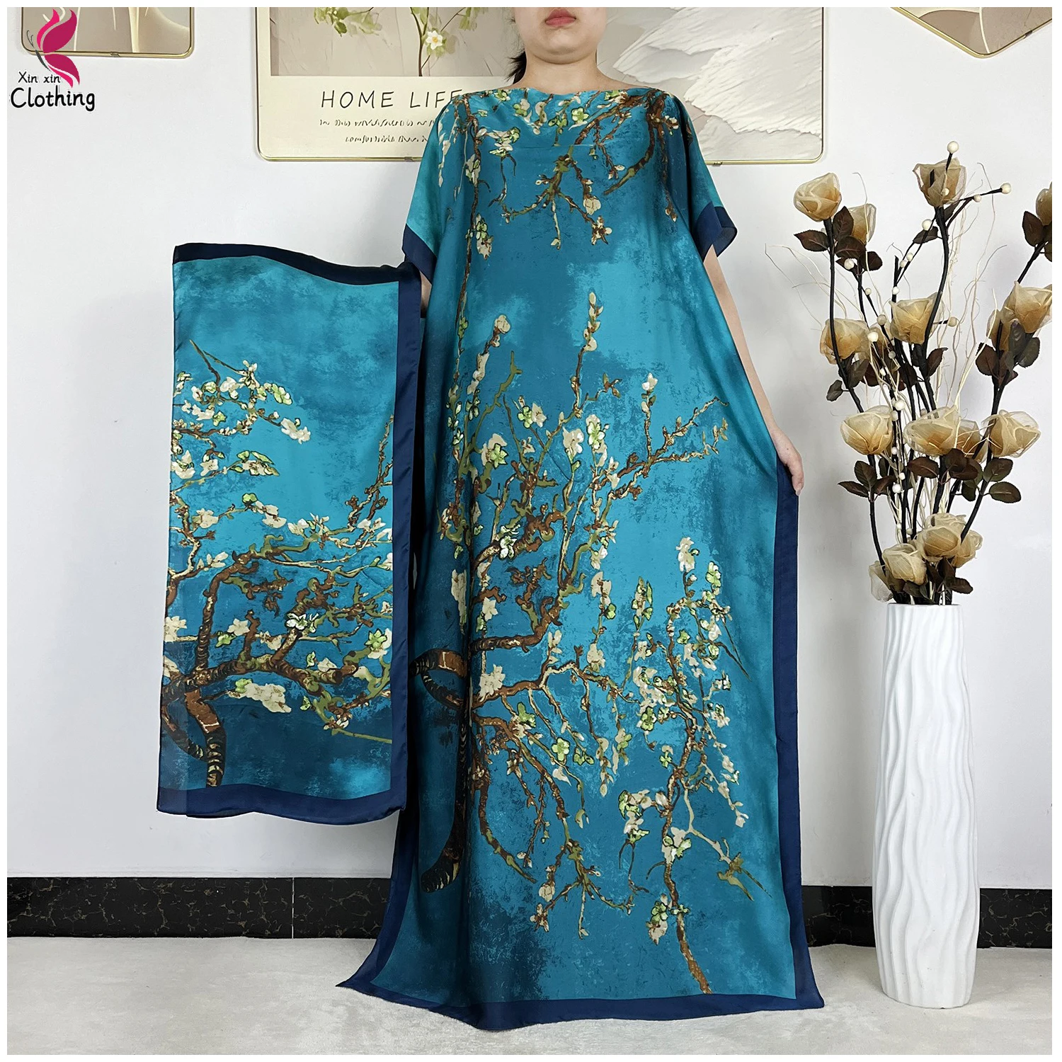 

New Fashion Summer Dress Soft Silk Dubai Turkey Kaftan Muslim Loose Abaya Women African Casual Maxi Flower Shawl Robe With Scarf