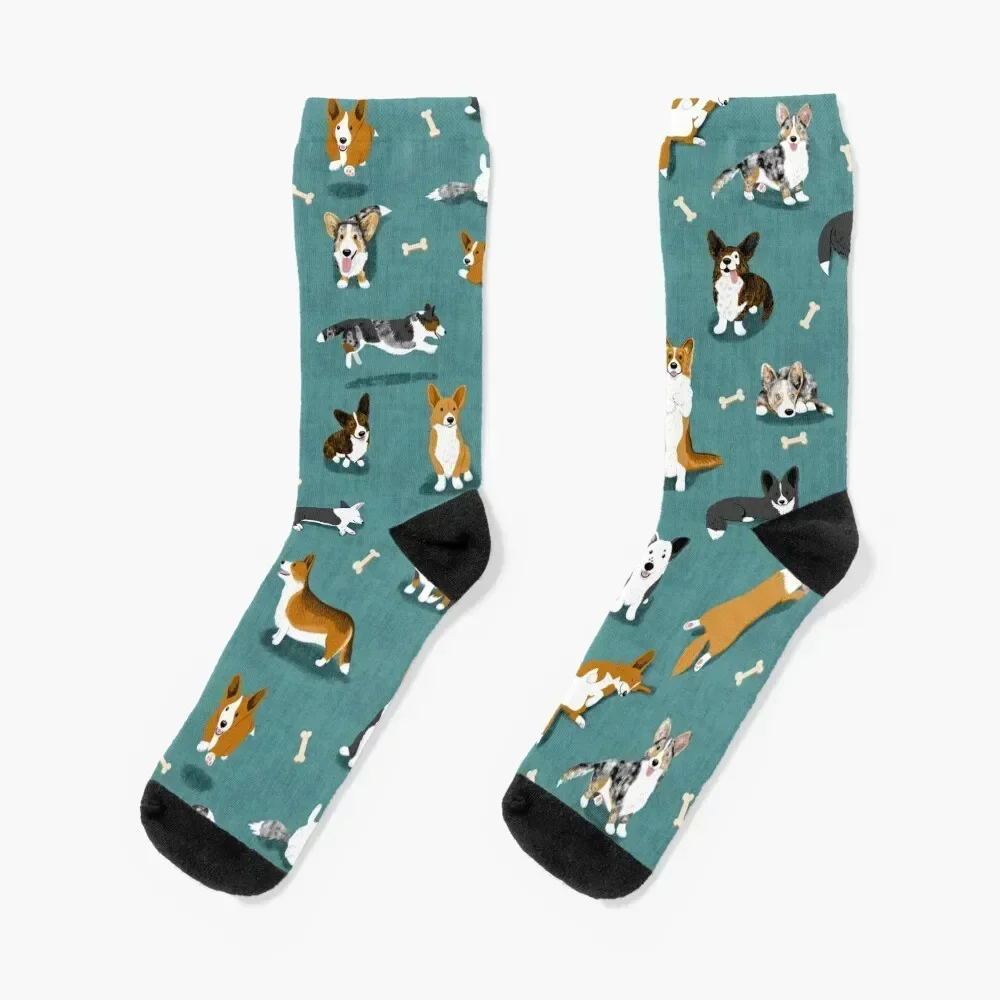 

Cardigan Corgi Pattern on Teal Socks crazy Soccer sports stockings Sports Women Socks Men's