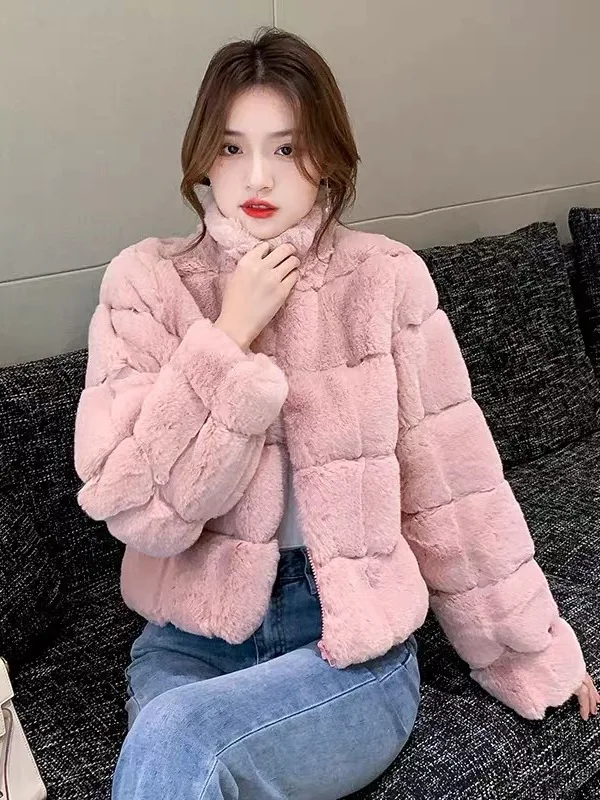 Abrigo coreano Sle Thiened ort Fem, abrigo de piel de visón Artificial, abrigo de invierno cálido acolchado de piel de conejo para mujer