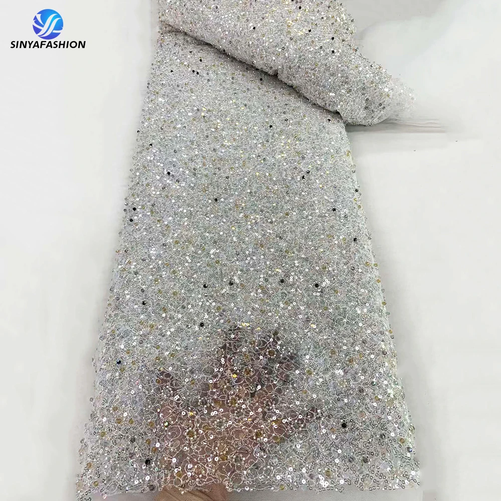 

Tim New Arrival White African Nigerian Wedding Bridal Dress French Tulle Sequins Heavy Diamond Beaded Lace Fabric Luxury 5 Yards