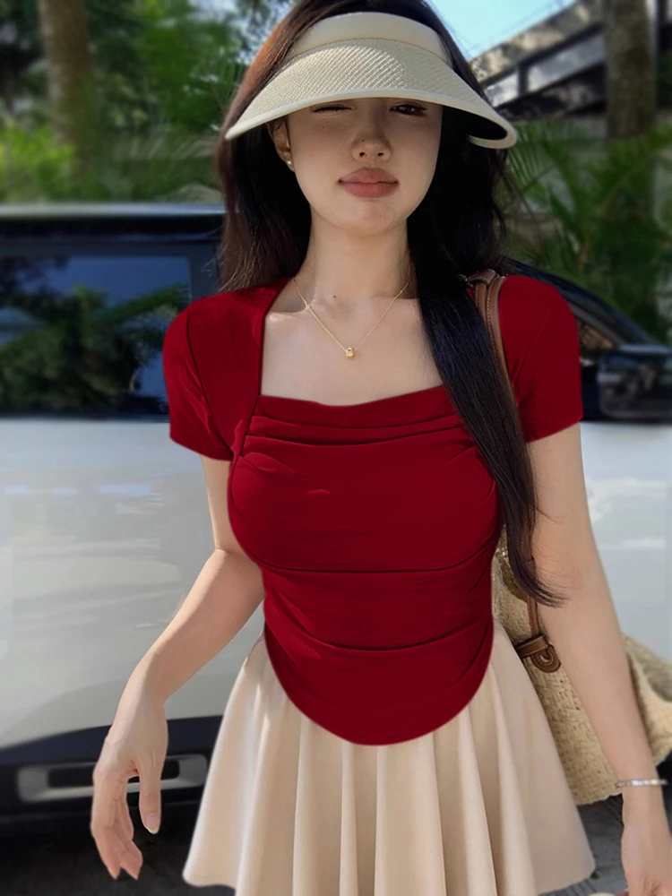 Cseta ajustada de manga corta con cuello cuad ne para mujer, Top Sexy e de verano, moda de viaje de estilo c...