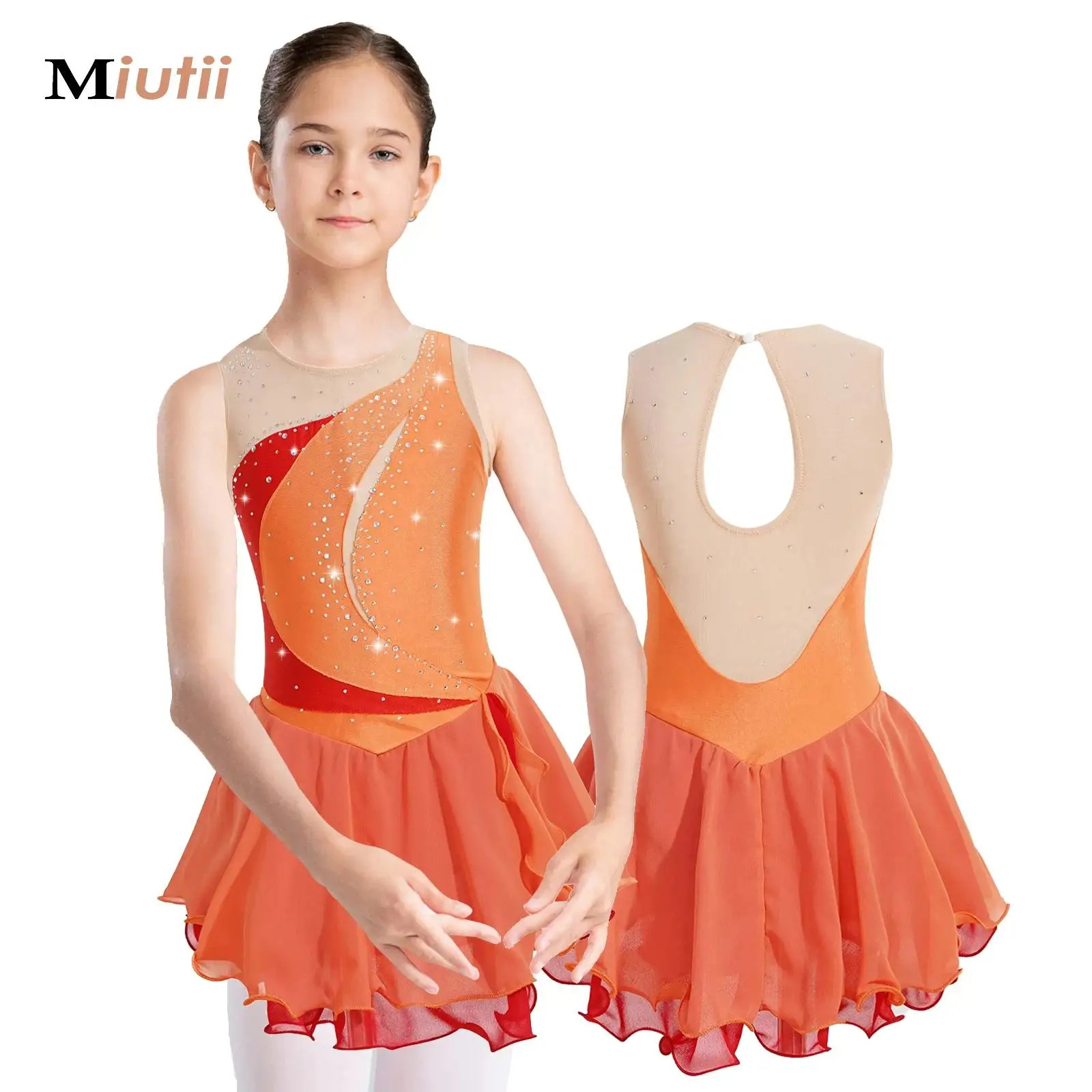 Girls Chiffon Figure Skating Dress Sleeveless Shiny Rhinestone Ballet Gymnastics Dance Leotard Performance Competition Costume