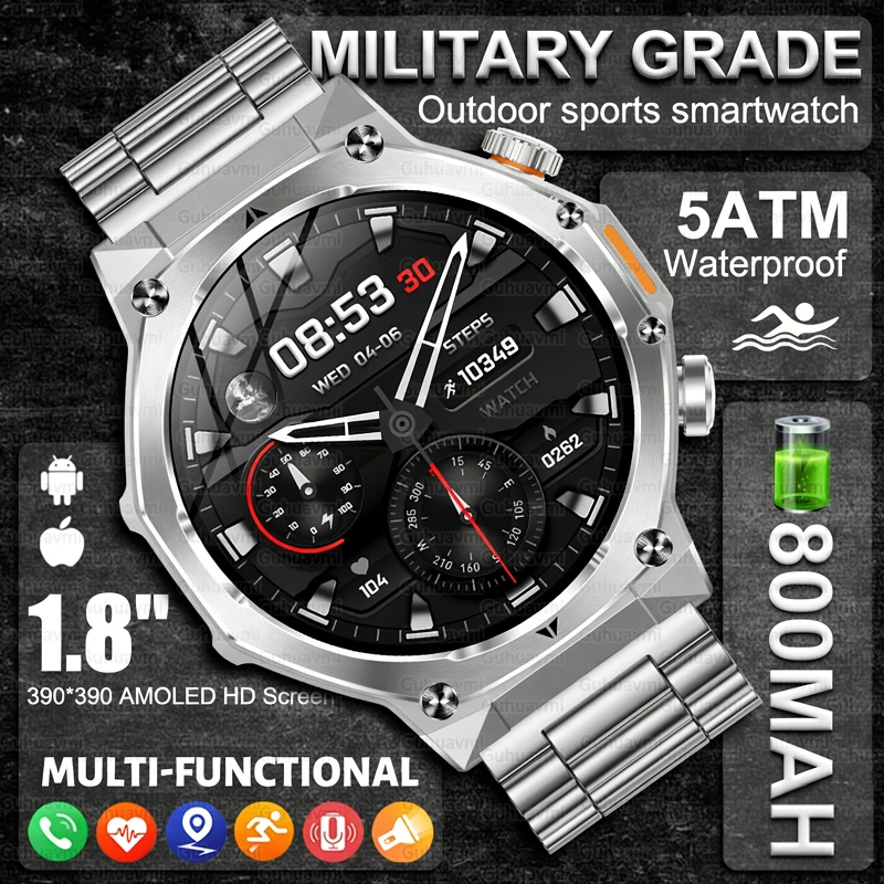 

Прочные военные умные часы с водонепроницаемостью 5ATM, светодиодным фонариком, аккумулятором 800 мАч, Bluetooth-вызовами, отслеживанием пульса и уровня кислорода, фитнес-трекер.