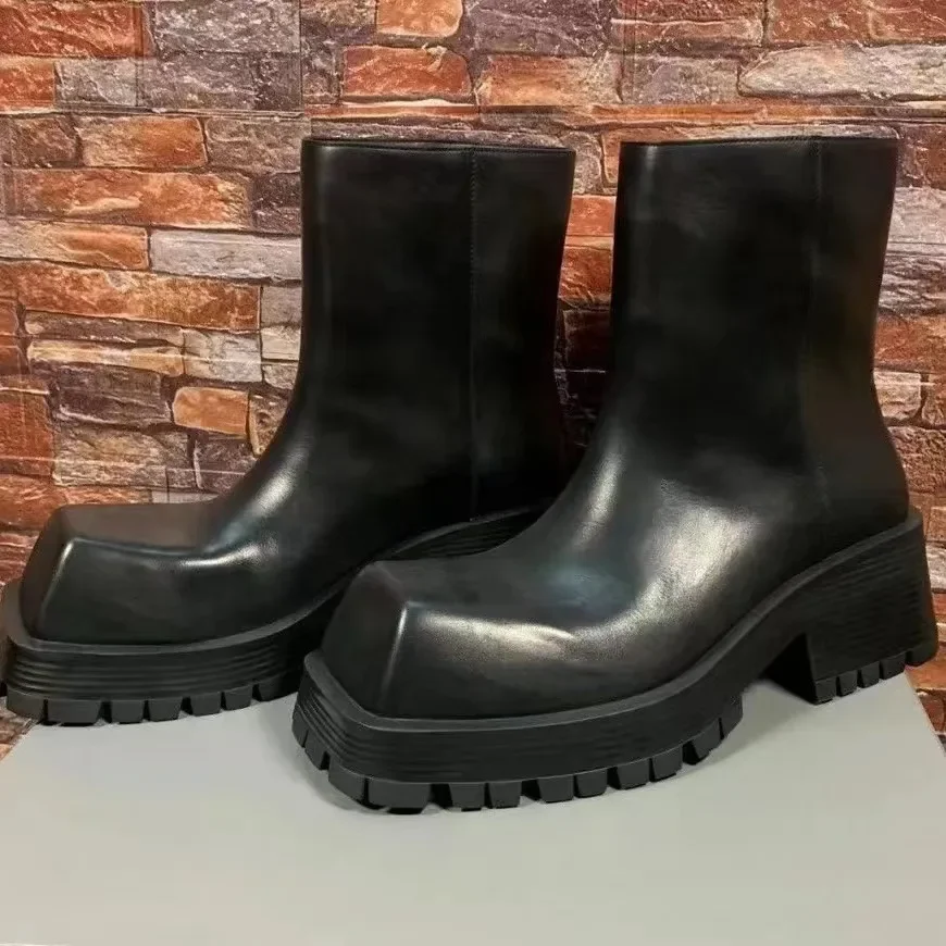 Grube dno kwadratowe Toe Chelsea Boots dla mężczyzn i kobiet skórzane botki zwiększona moda wodoodporne antypoślizgowe buty dla par