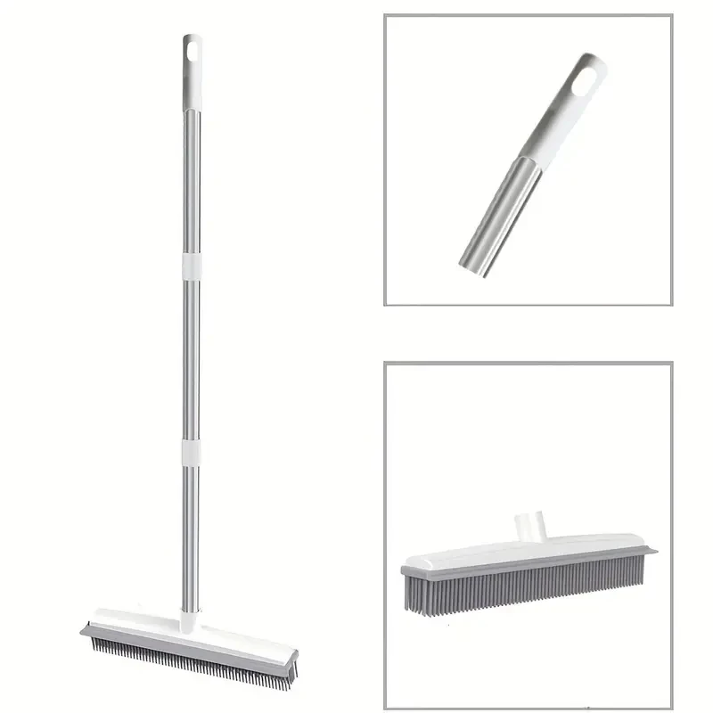 

1Pcs Rubber Broom with Squeegee and Adjustable Long Handle, Portable Detailing Lint Remover Brush, Carpet Rake and Floor Brush