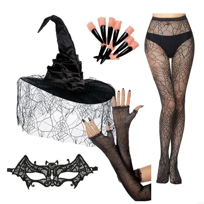 

B95F Готическая шляпа ведьмы, комплект для ролевых игр, кружевная маска, перчатки, рукава, костюм для косплея для взрослых