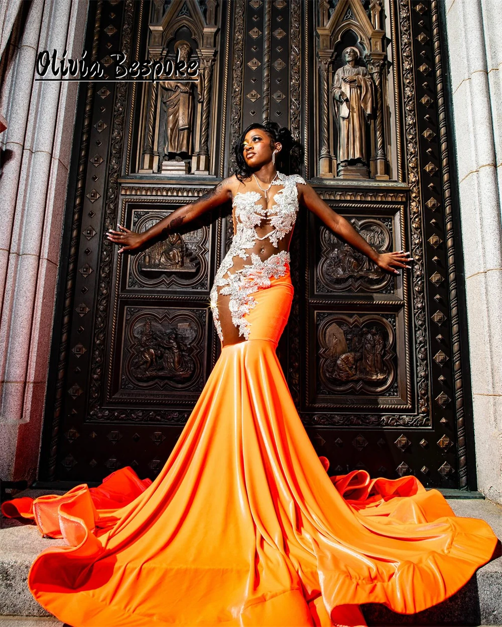 

Smashing Orange Long Mermaid Prom Dresses 2025 Black Girls Silvery Beaded Rhinestones See Thru Party Gowns robes Customized