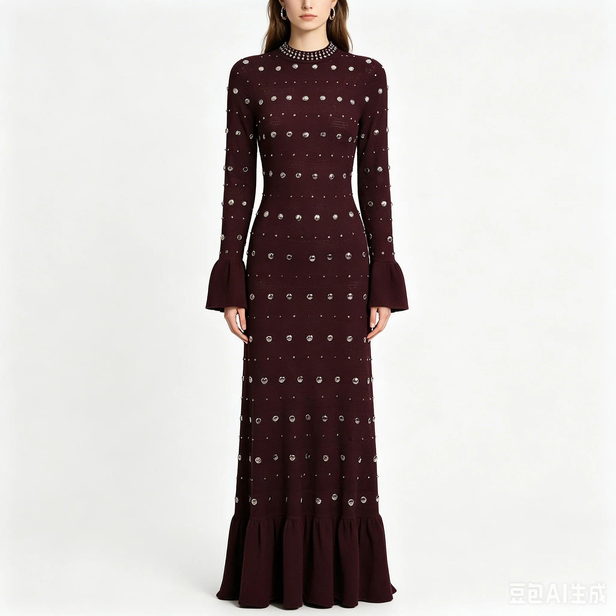 

High Quality Spring And Autumn New Fashionable Commuter Women's Knitted Round Neck Slim Fit Metal Sheet Long Sleeved Dress