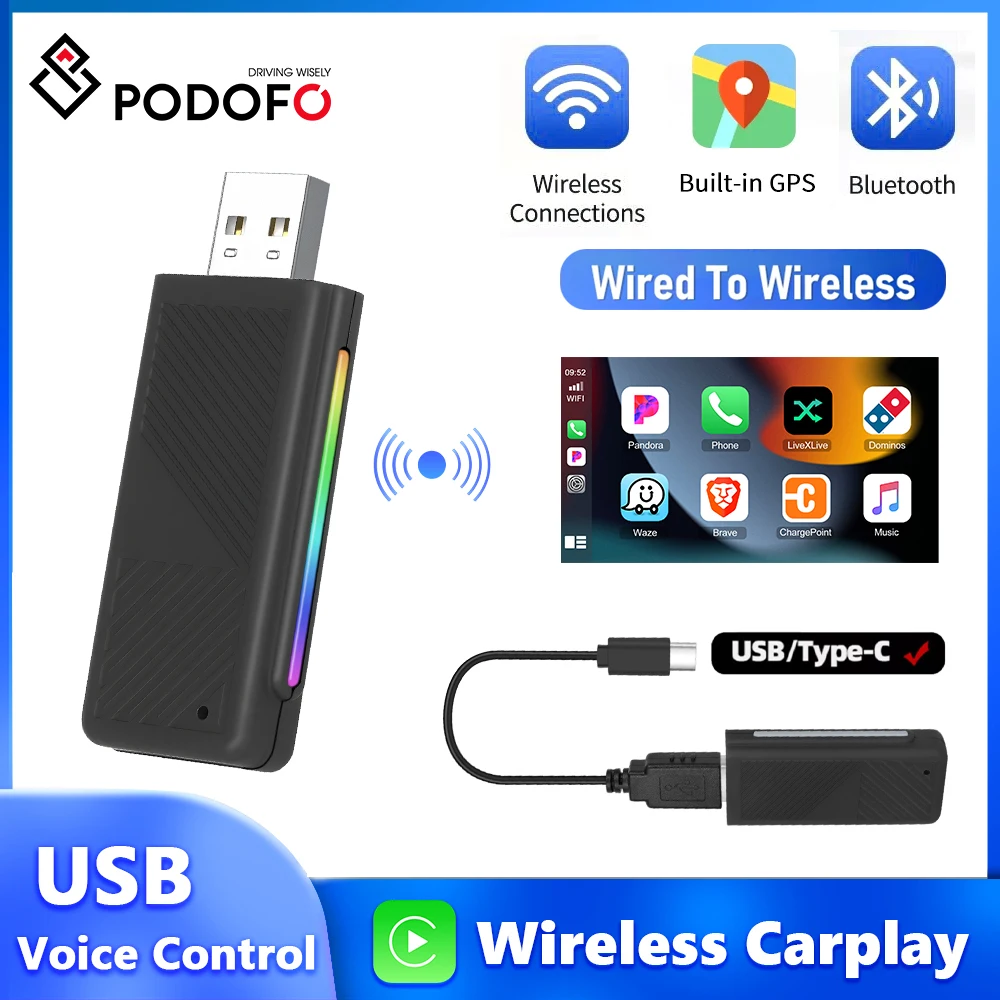 Podofo Carplay Box For iPhone Carplay Dongle Voice Assistant Carplay Adapter USB/Type-C Bluetooth WIFI Plug&Play CarPlay USB BOX