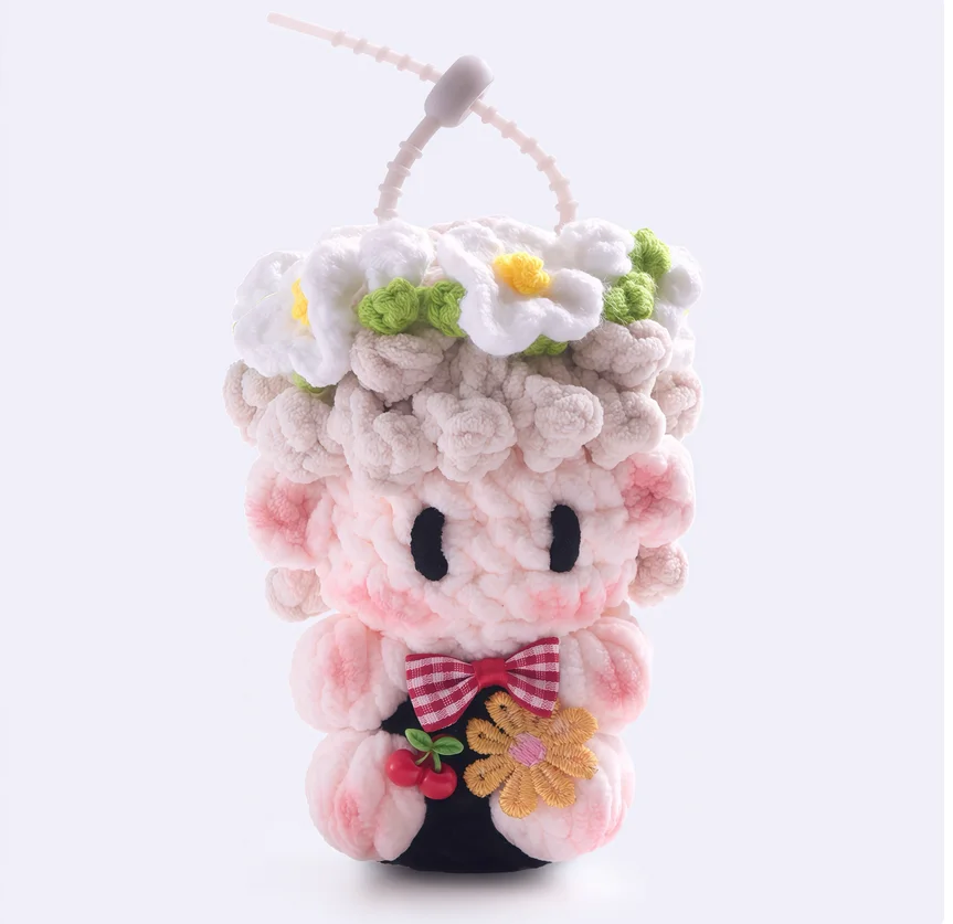 Handmade crocheted plush toy keychain, concert support merchandise, and accessory kit.