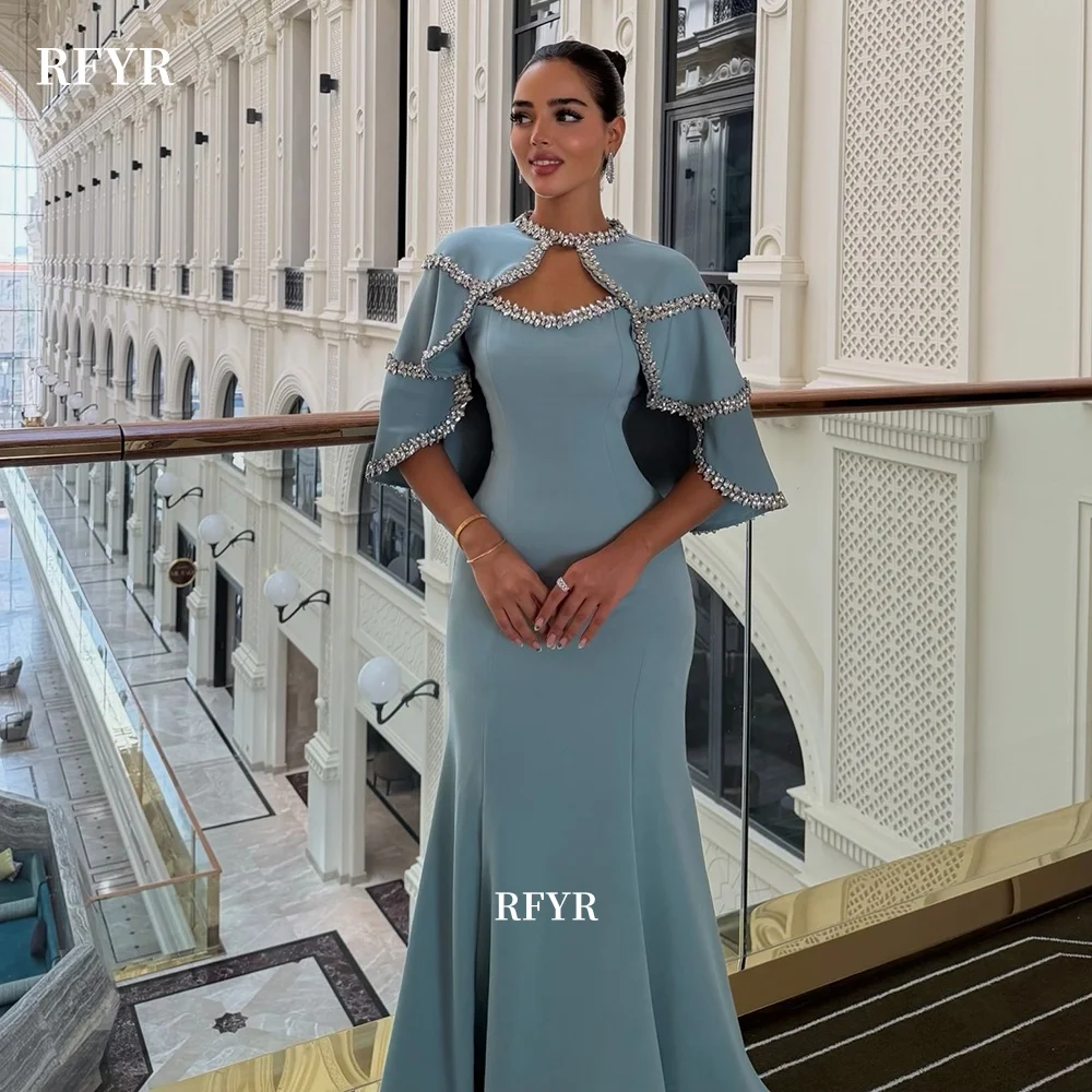 RFYR Blue Prom Dress with Crystal Stones Mermaid Evening Dress with Cape Sleeve Elegant Celebrity Dress for Women Customized