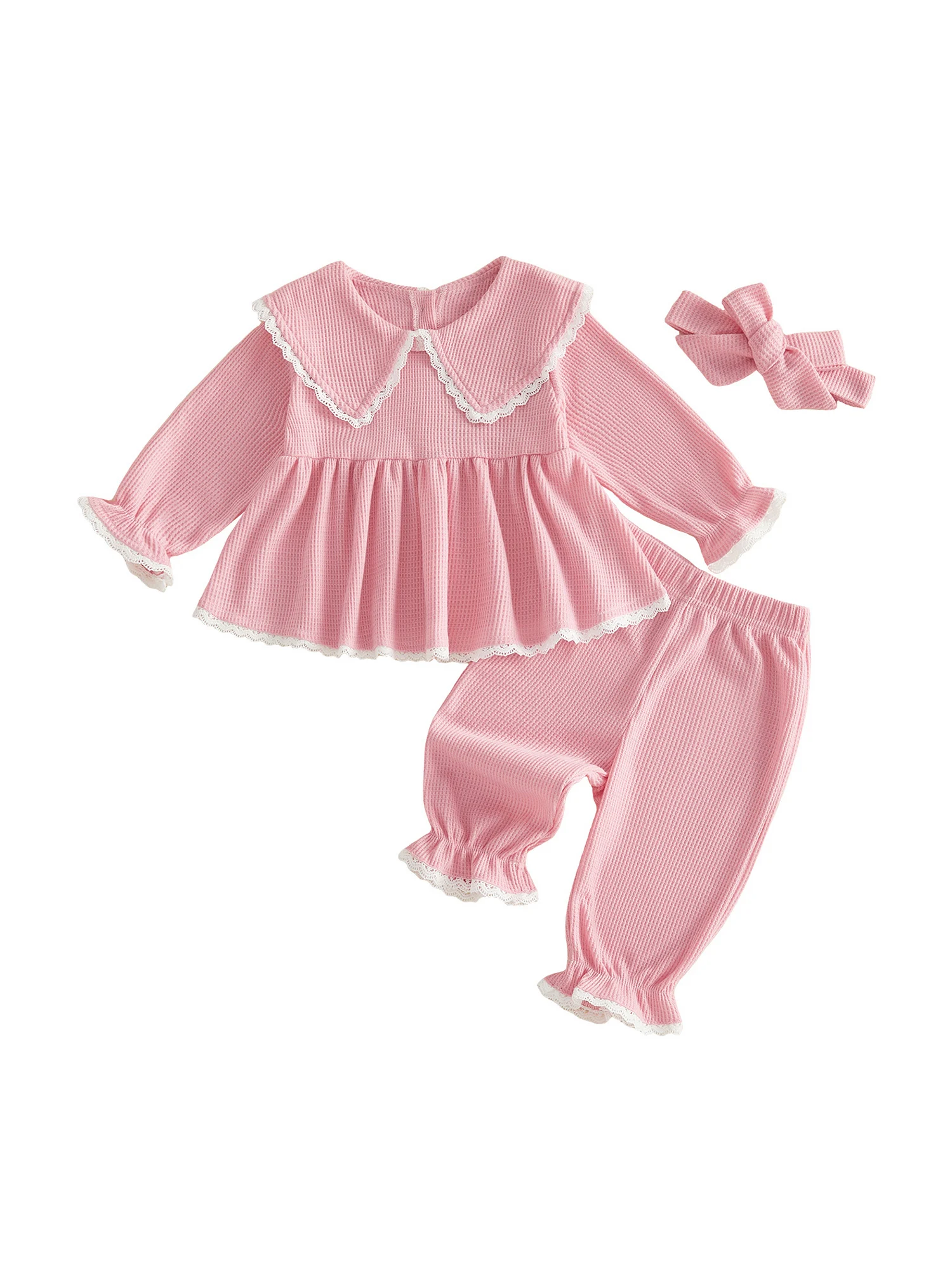 

Cute Baby Girls Ruffle Sleeve Floral Print Top and Pants Set with Matching Bow Headband for Toddler Outfit