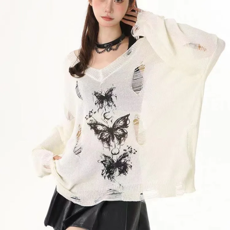 Graffiti Butterfly Hollow Out Lazy Tops Women 2024 Early Autumn New Hole Sweaters Mujer Y2k Long Sleeve All-match Pullovers