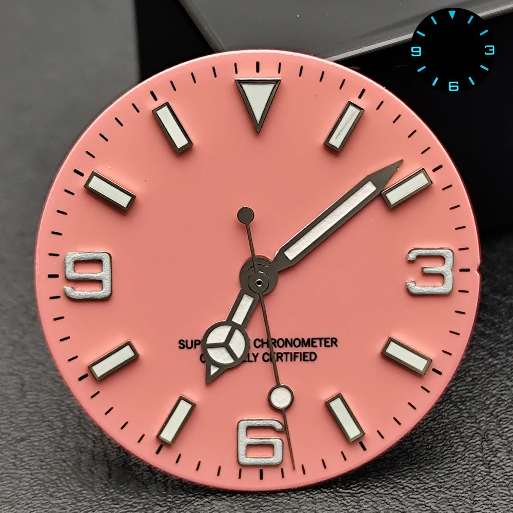 Blau-Grün Leuchtendes 28,5mm Zifferblatt ohne Datum, Zeiger mit individuellem Logo, passend für NH35 8215 2824 2836 Uhrwerke, Uhrenzubehör – Detail 10