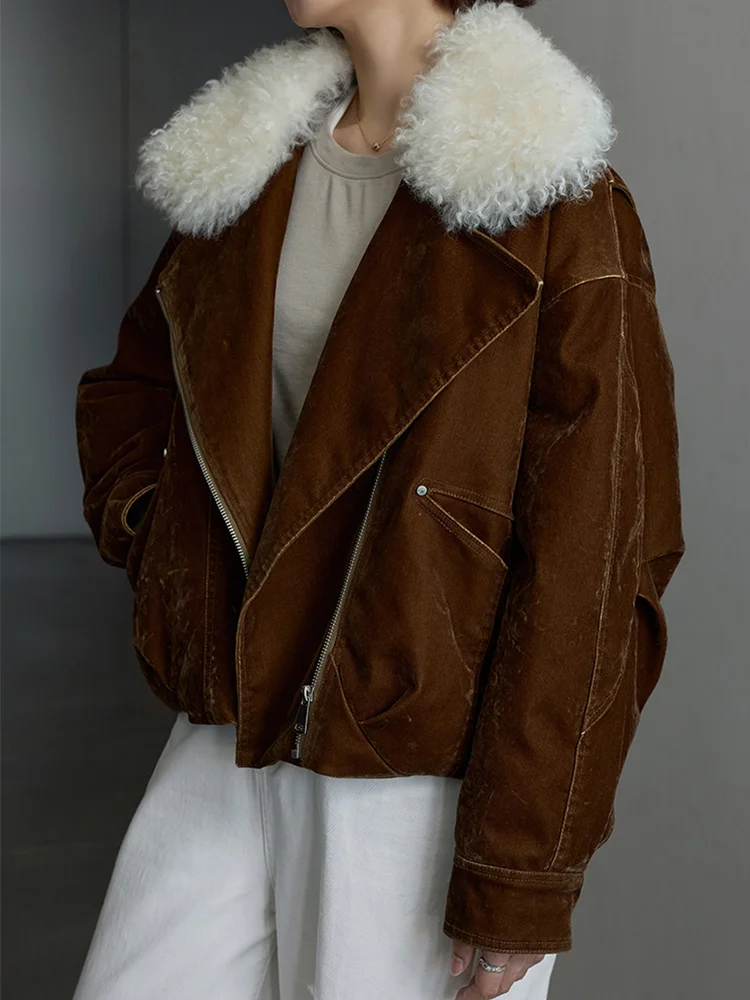 เสื้อโค้ทขนแกะแท้สำหรับผู้หญิง ฤดูหนาว 2026 พร้อมปกขนแกะ  เสื้อแจ็คเก็ตขนห่าน  ผ้าเดนิมธรรมชาติ  ผ้าลูกฟูก  เสื้อคลุมหรูหราสำหรับผู้หญิง