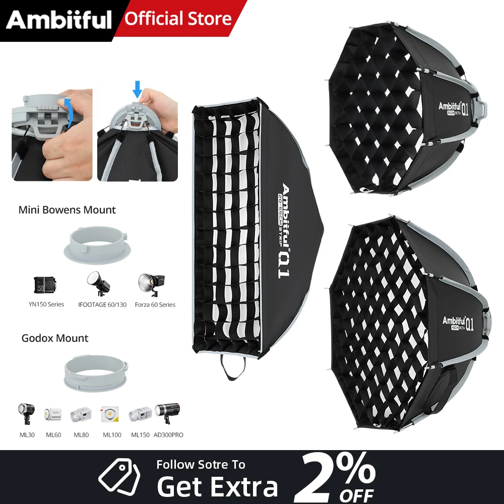 AMBITFUL Q1 30cm 45cm Octagon Softbox 20*50cm Strip Softbox Quick-Setup Design With Grid Mini Bowens Mini GODOX Mount For Studio