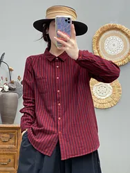 Fall clothes 2024 women cotton yarn dark red striped shirts blouses Korean fashion ladies work wear long sleeve tops