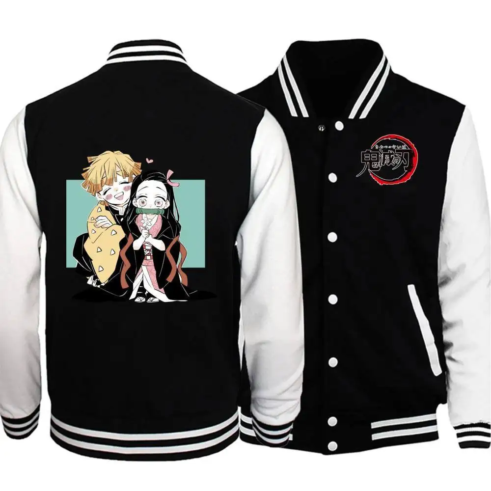 Demon Slayer Nezuko Kamado Baseball Jacket Zwart Roze Kimono Achterprint met Bamboe Snuit en Demon Slayer Corps Logo