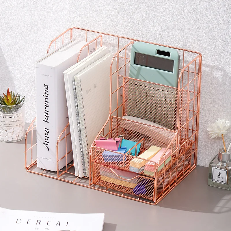 Multifunctional Rose Gold Magazine Holder 6 Different Compartments Documents Storage Holder File Organizer Book Holder