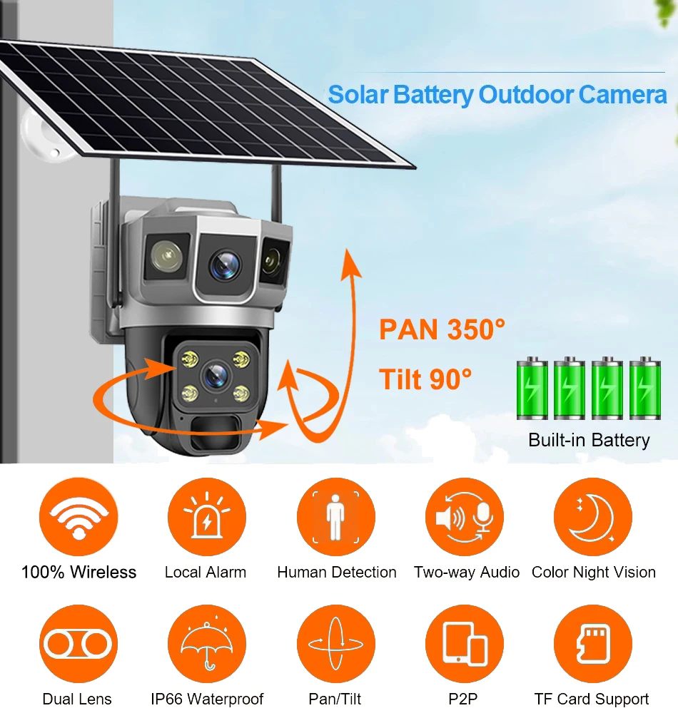 Wifi Solar Security Camera 360 PTZ Outdoor 12MP V380 Pro Cctv Dual Lens House Surveillance Cameras Smart Home Camarade Seguridad