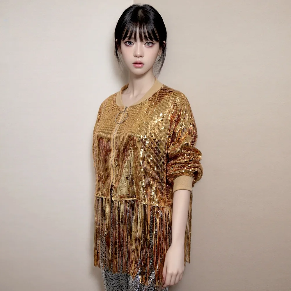 Leistung Kostüm Jazz Bühne Pailletten Quaste Jacke Street Dance Mode Kleidung Frauen Kleidung Mantel Tanz Tragen