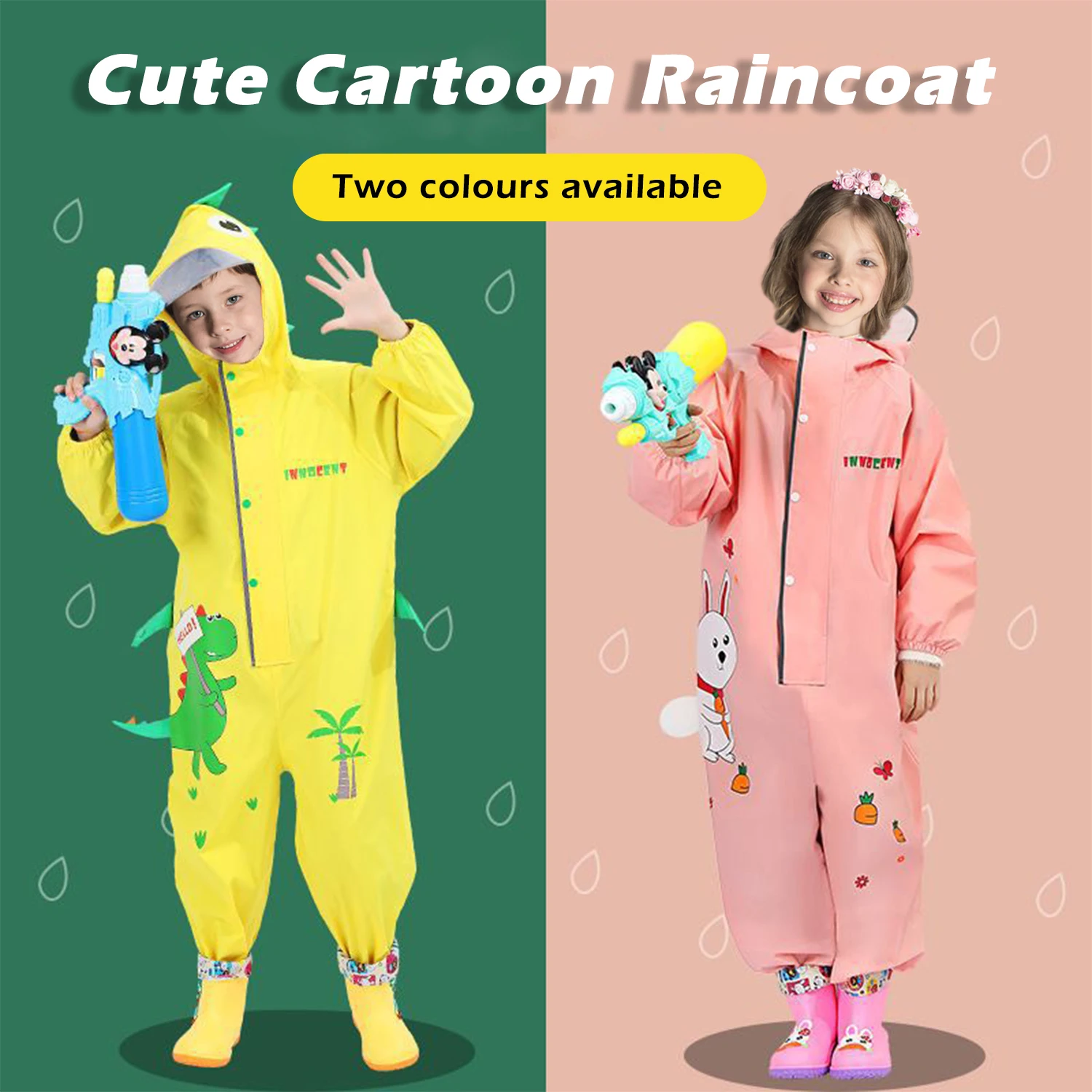 Cute Colorful Rabbit /Dinosaur Raincoat For Kids Boys Girls Waterproof Jumpsuit Hooded One-Piece Cartoon - 3D Illustrated