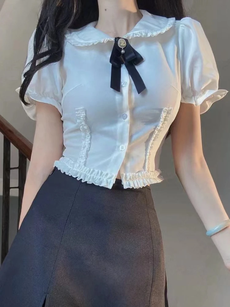 

Sweet Lolita Style Y2K Sweet Blouse for Women New Design Puff Sleeves Mini Dress with Fitted Waist Slimming Short Sleeve Top
