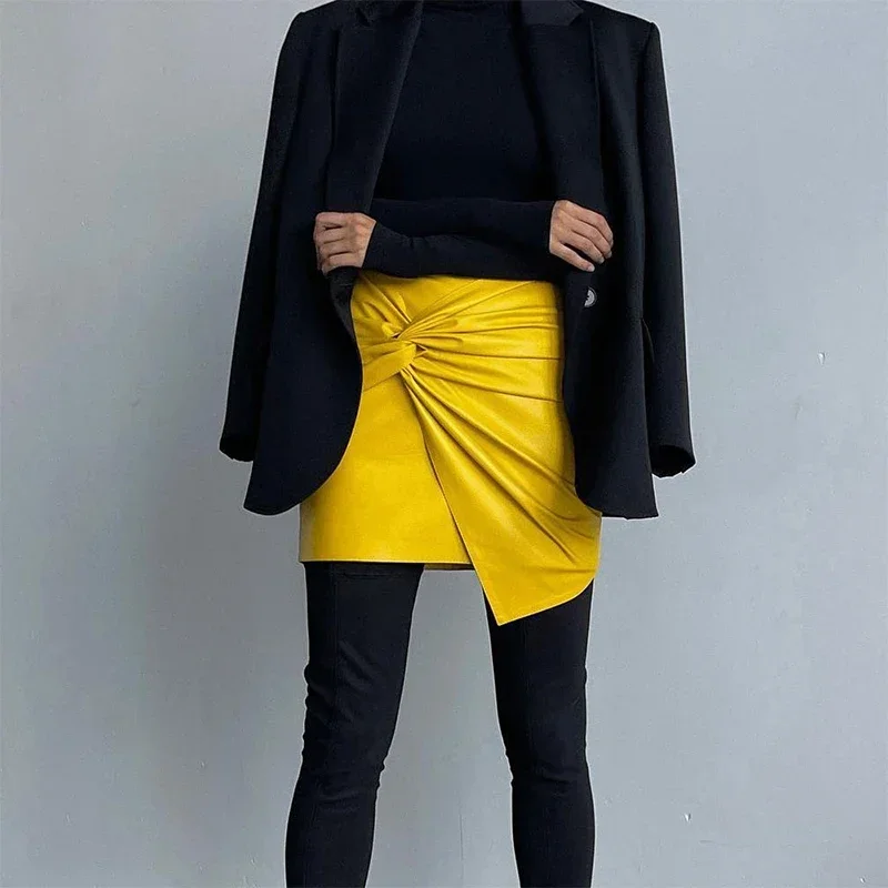 활 Pleated PU 가죽 여성 스커트 높은 허리 솔리드 여성 스커트 2025 패션 빈티지 불규칙한 라인 가을 레이디 Vestidos