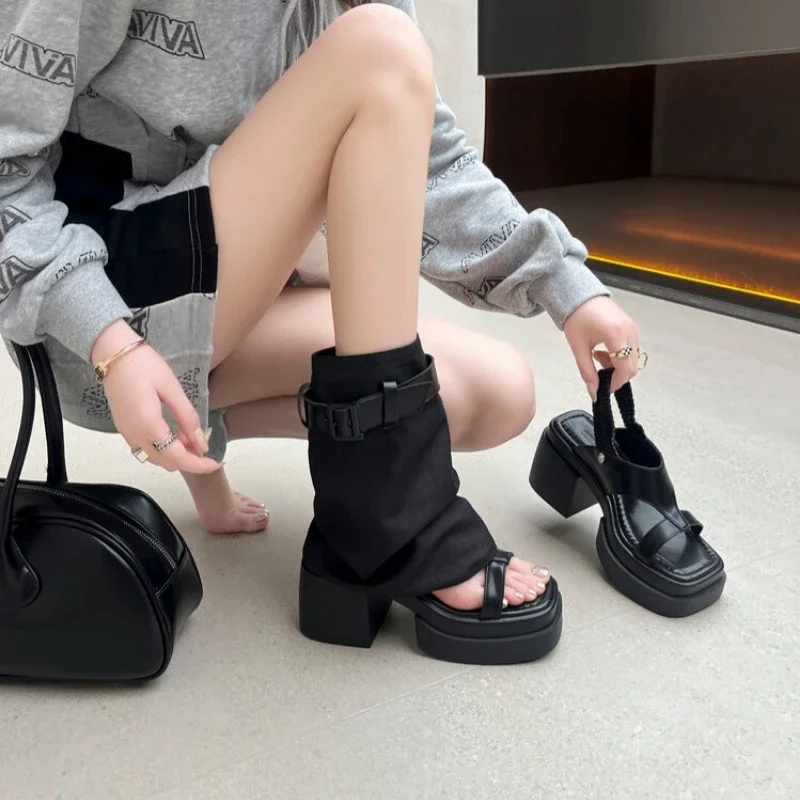 

Женские ботинки на толстой подошве, сандалии на квадратном каблуке с боковой молнией и квадратным каблуком, индивидуальные ботинки в стиле панк, два способа ношения, Zapatillas De Mujer