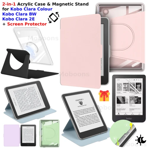 Para Kobo Clara Color/BW/2E Funda + Protector de Pantalla 360 ° Funda para dormir con soporte de cuero PU acrílico desmontable magnético giratorio 2 en 1