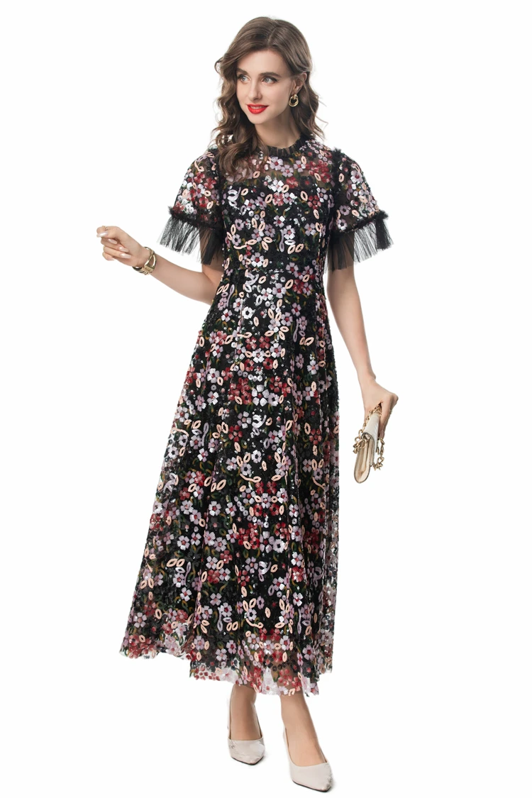 Women\'s Party Dress O Neck Short Sleeves Sequined Elegant Designer Vestidos Gown in Plus Sizes
