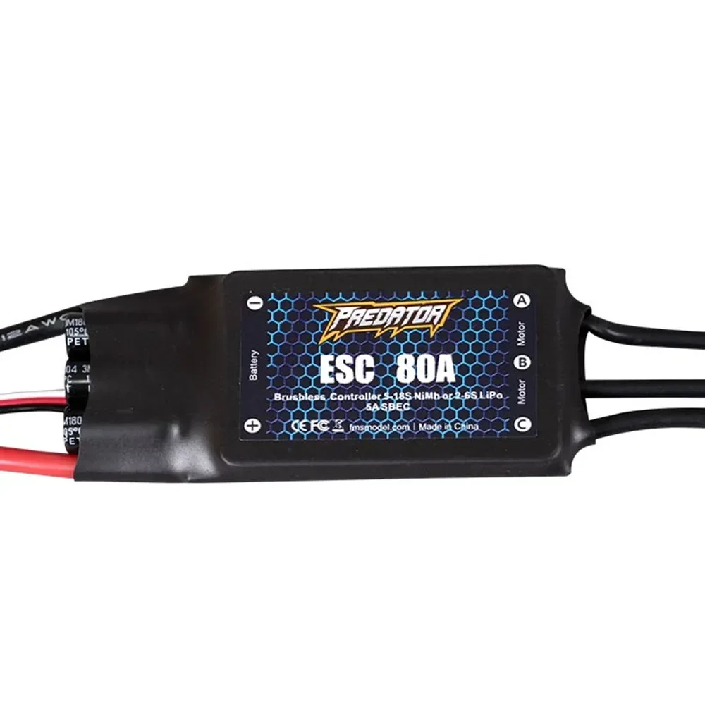 FMS Predator 80A Brushless ESC, 2-6S Lipo, XT90 Plug, 5V 5A Switched BEC for RC Fixed Wing Airplane