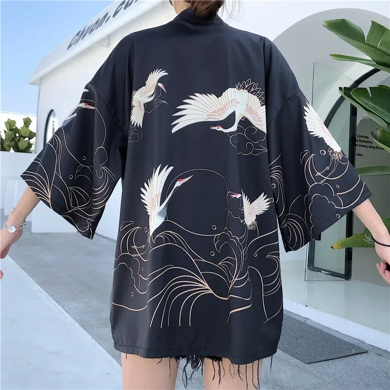 Loose Harajuku Japanese Fashion Kimono 2020 White Black Crane Print Women Cardigan Blouse Beach Haori Obi Asian Clothes