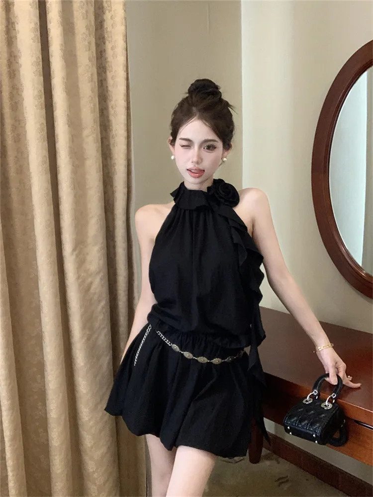 Romantic Rose Flower Black Mini Dress 2024 New Summer Fashion Holiday Halter Short Dress Off Shoulder Sleeveless Party Dress