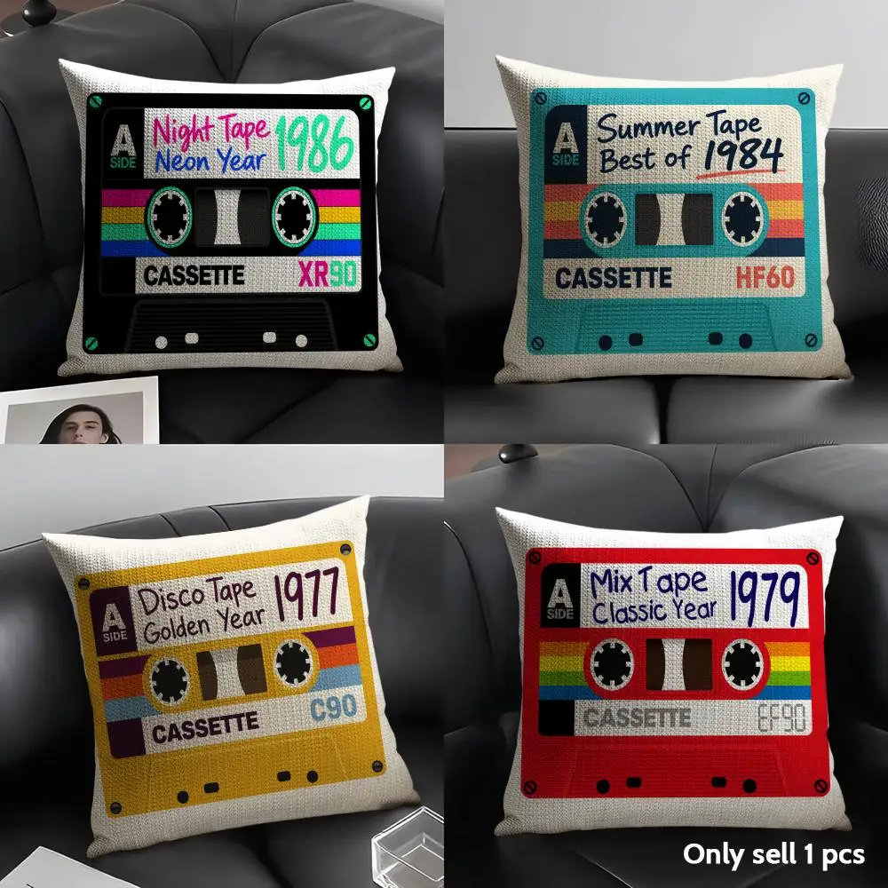 Vintage Cassette Tape Cushion Cover Breathable Linen Organic Fabric Double-Sided Printing Sofa Pillow Case Home Decor