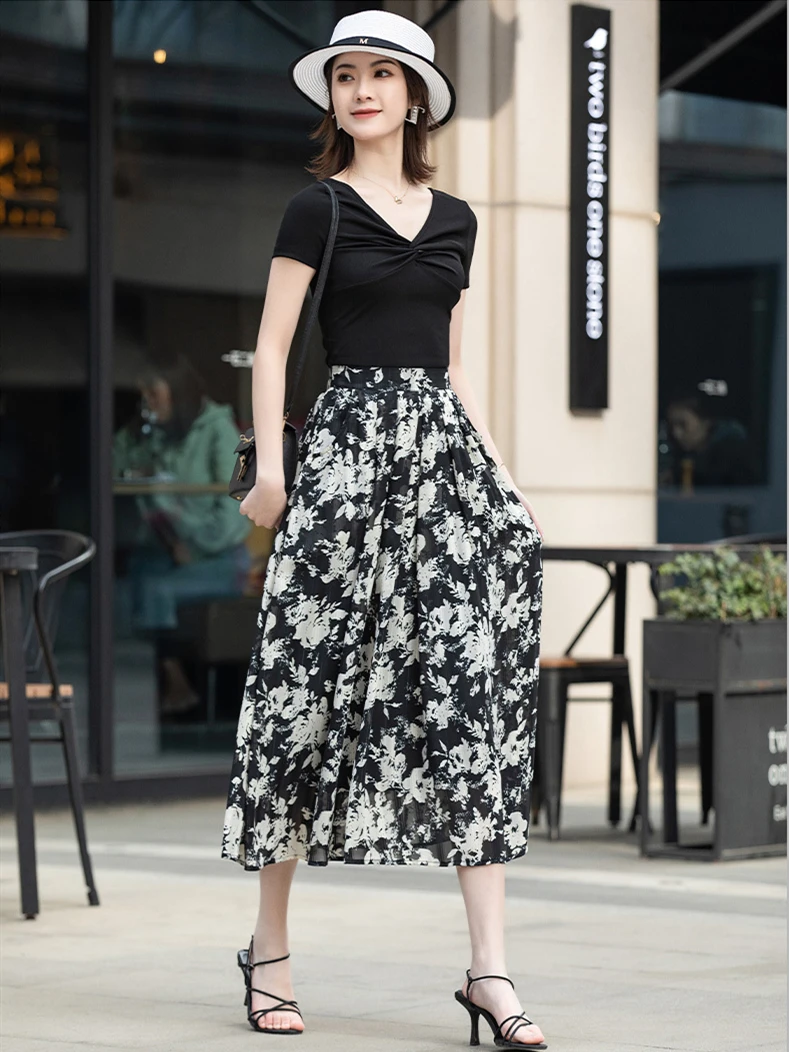 صيف جديد 2026 تنانير شيفون بناتي متوسطة الطول بخصر مطاطي عتيق مطبوعة على شكل حرف a خفيفة الوزن ومزاجية أنيقة #2